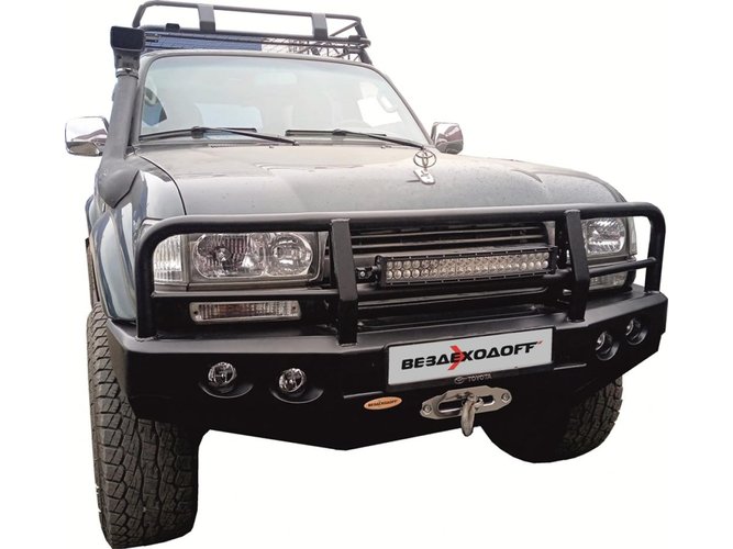Бампер передний Toyota Land Cruiser 80 52111-60110-VD c кенгурином и дополнительными ПТФ